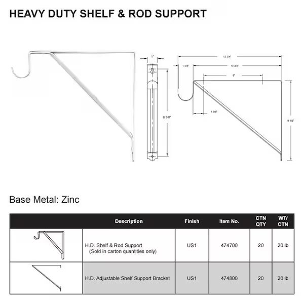 H.D. SHELF & ROD SUPPORT, Delaney Hardware, Mfr#: 474700